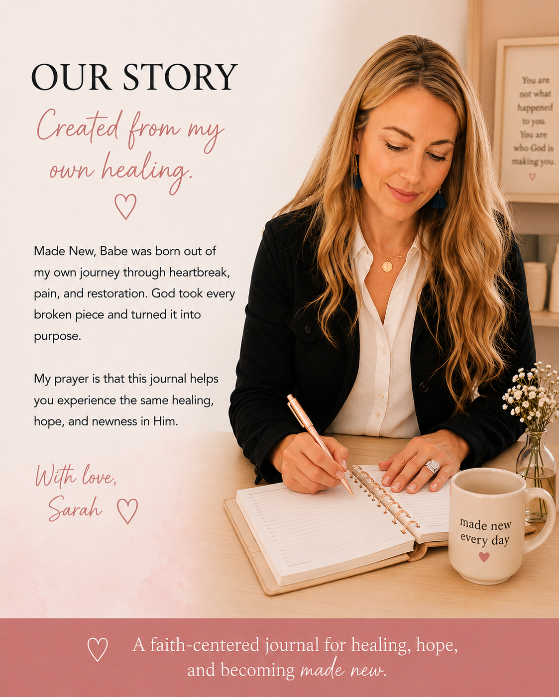 Woman writing in a journal with a mug and flowers on a table, text about personal healing and faith.